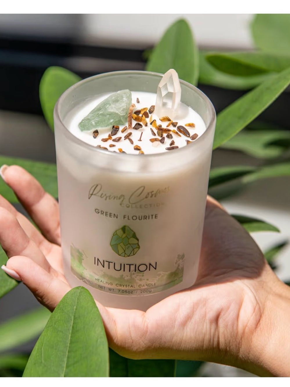 Rising Cosmos Intuition Green Flourite Crystal Candle - Frosted Glass